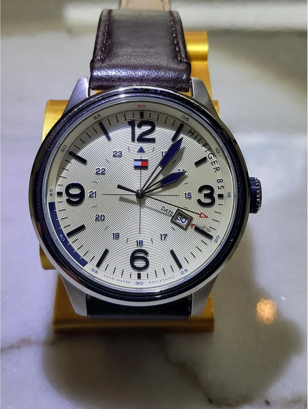 Tommy Hilfiger Cream Dial Brown Leather Men’s Watch Silver Case Date EUC Works